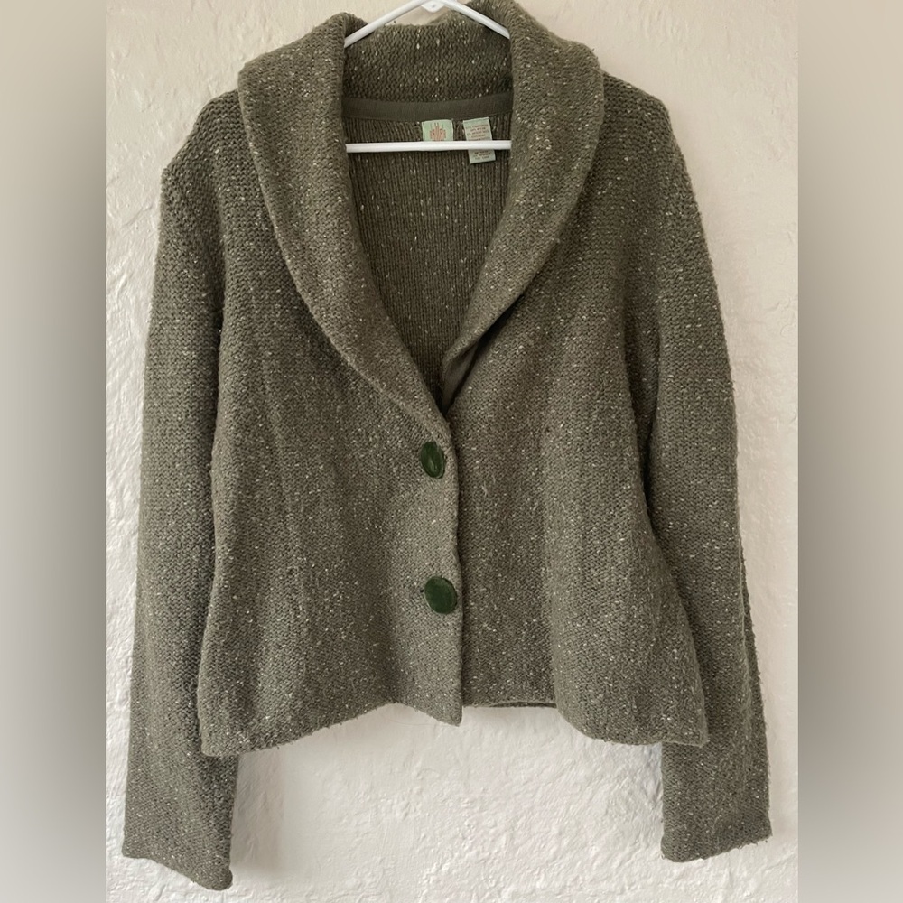 Anthologie HWR green lambswool / wool blend green lapel collard sweater; size L
